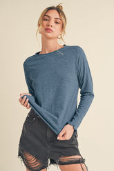 Aemi + Co Lettuce Hemline Round Neck Raglan Sleeve T-Shirt French Blue OutfitFlow
